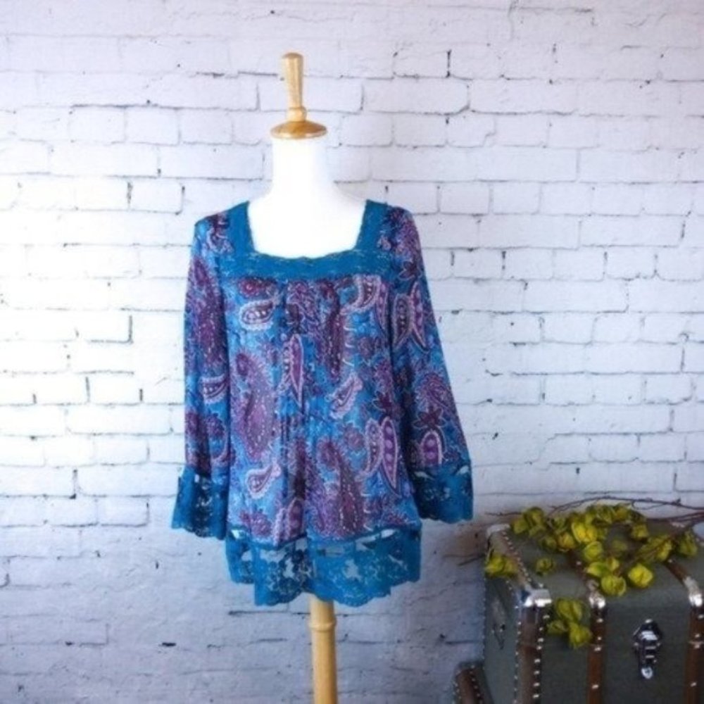 Sundance Reina Paisley Semi-sheer Silk Top Teal Small